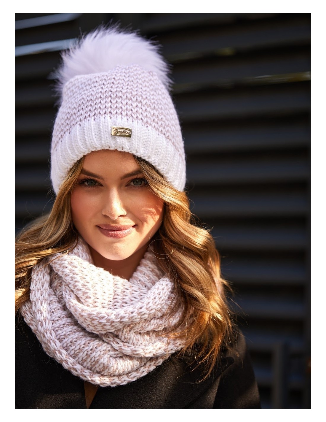 Winter hat set with herringbone neck warmer, white C45 - Online store - Boutique